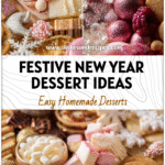 Festive New Years Eve Dessert Charcuterie Board with candies, cookies, and sparkling decorations.